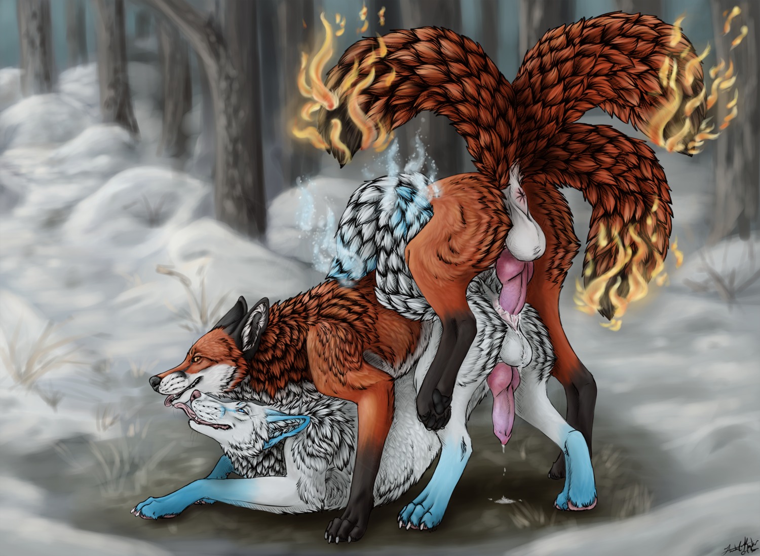 2014 4_toes anal anal_penetration anatomically_correct animal_genitalia anus asian_mythology backsack balls black_nose blue_body blue_eyes blue_fire blue_fur bodily_fluids butt canid canine claws colored_fire cum cum_inside duo e621 east_asian_mythology erection feet feral feral_on_feral feral_penetrated feral_penetrating feral_penetrating_feral fire flaming_tail fox fox_spirit fur genital_fluids genitals hi_res hindpaw ice kitsunebi knot krimzen_redwing male male/male male_penetrated male_penetrating male_penetrating_male mammal multi_tail mythology open_mouth orgasm outside pawpads paws penetration penis pink_nose plant raised_tail sex smile snow spread_legs spreading tail teeth toes tongue tree white_body white_fur