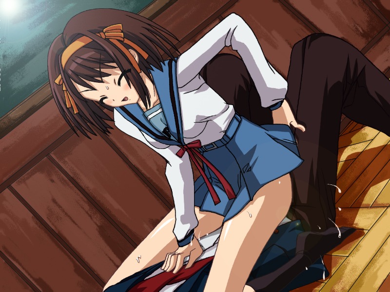 breasts brown_hair clothed_sex clothing female female_on_top miyanose_you pham_(artist) rule34 school_uniform skirt small_breasts suzumiya_haruhi suzumiya_haruhi_no_yuuutsu
