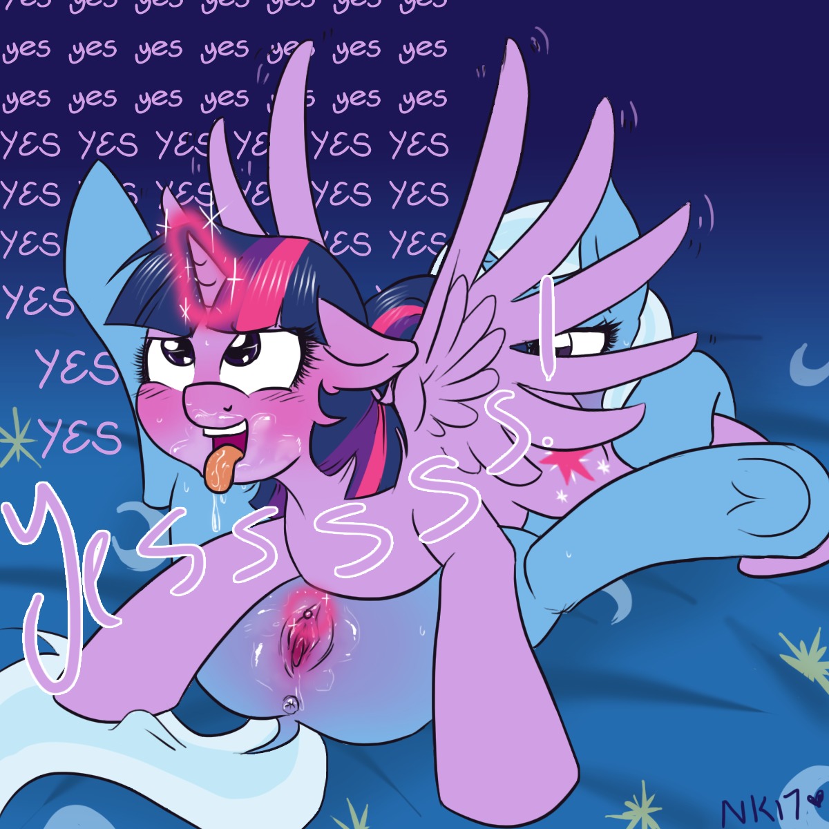 1:1 2014 anus blue_body blue_fur blush bodily_fluids cutie_mark dialogue duo e621 english_text equid equine feathered_wings feathers female female/female female_on_bottom female_on_top feral friendship_is_magic fur genital_fluids genitals glowing hair hasbro heart_after_signature heart_in_signature heart_symbol hi_res horn legs_up lying mammal motion_lines motion_outline multicolored_hair my_little_pony mythological_creature mythological_equine mythology naomisnaughtynook nude on_back on_bottom on_front on_top open_mouth oral purple_body purple_eyes purple_fur purple_hair repeated_dialogue repeated_text signature spread_legs spreading text text_with_heart tongue tongue_out trixie_(mlp) twilight_sparkle_(mlp) two_tone_hair unicorn vaginal_fluids vulva winged_unicorn wings