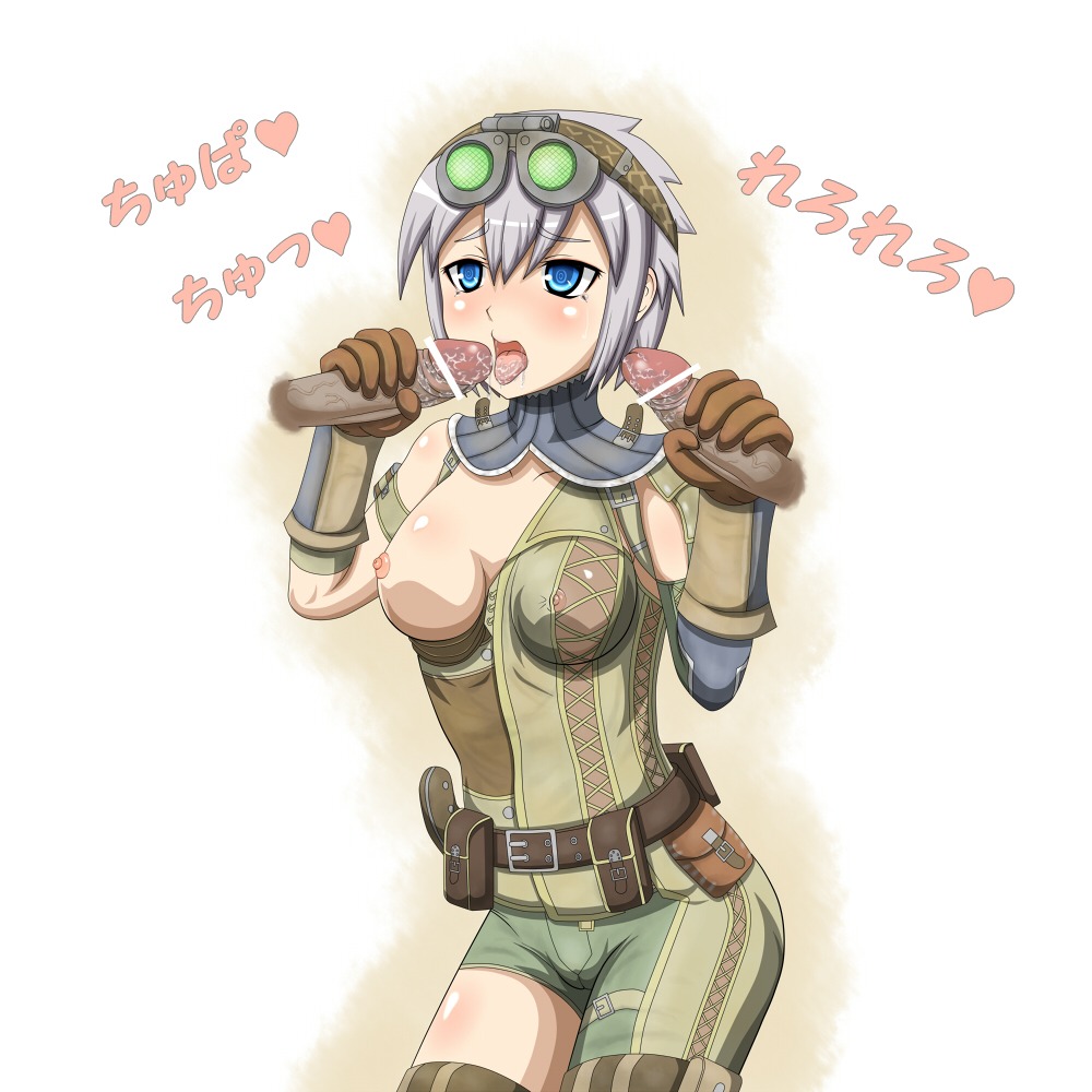 armor blush breasts brown_gloves capcom censored fellatio female gloved_handjob gloves goggles hair hand_on_penis handjob handjob_with_gloves holding_penis leather monster_hunter oral rule34 silver_hair touching_penis