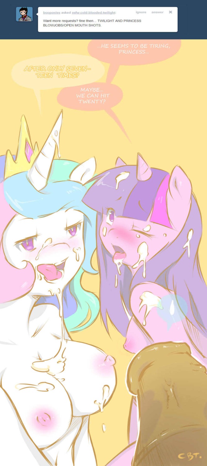 2013 animal_genitalia animal_penis anthro anthrofied blush bodily_fluids breasts cold-blooded-twilight cum cum_on_breasts cum_on_face dialogue duo_focus e621 english_text equid equine equine_genitalia equine_penis erection female friendship_is_magic fur genital_fluids genitals group hasbro hi_res horn male mammal my_little_pony mythological_creature mythological_equine mythology nipples nude open_mouth penis princess_celestia_(mlp) purple_body purple_fur text tumblr twilight_sparkle_(mlp) unicorn