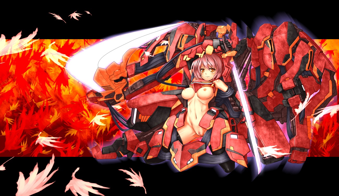 blush breasts censored female katana leaf mecha_musume nipples original pink_hair pubic_hair pussy rule34 short_hair sword tro wallpaper weapon