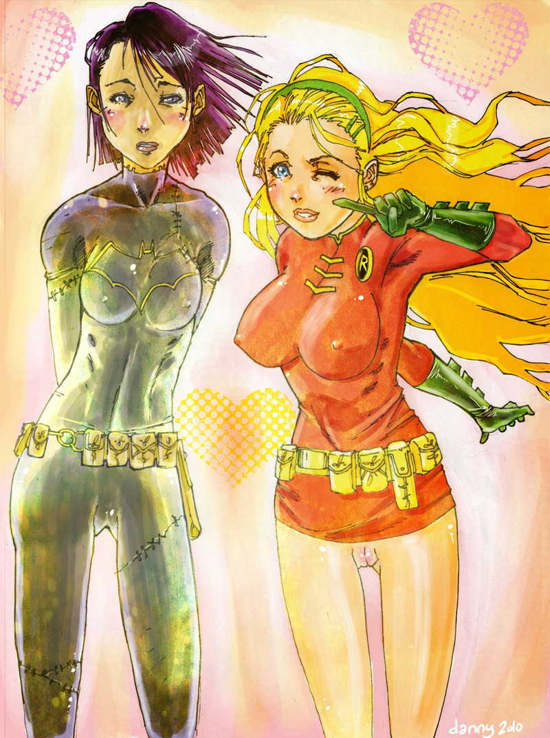 2010 2girls a_bashful_boy asian batgirl batgirl_(cassandra_cain) batman_(series) blonde_hair blue_eyes cassandra_cain dc dc_comics female female_only multiple_females multiple_girls purple_hair pussy robin_(dc) robin_(stephanie_brown) rule34 stephanie_brown vagina wink
