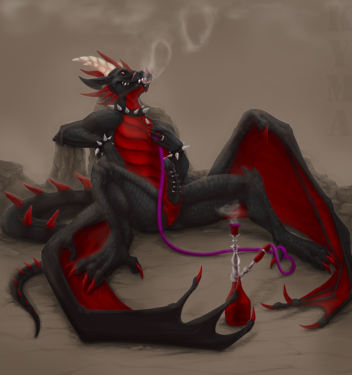 4_toes animal_genitalia anthro biceps biped black_body black_horn black_scales butt claws collar digital_media_(artwork) dragon e621 erection european_mythology feet frenum_ladder frenum_piercing genital_piercing genitals hi_res hindpaw hookah horn kyma ladder_piercing looking_at_viewer lying male membrane_(anatomy) membranous_wings muscular muscular_anthro muscular_male mythological_creature mythological_scalie mythology nude on_back open_mouth paws pecs penis penis_piercing piercing pose presenting presenting_hindquarters red_eyes scales scalie sheath simple_background smoke smoke_ring smoking solo spiked_collar spikes spread_legs spreading tail teeth toes western_dragon wings