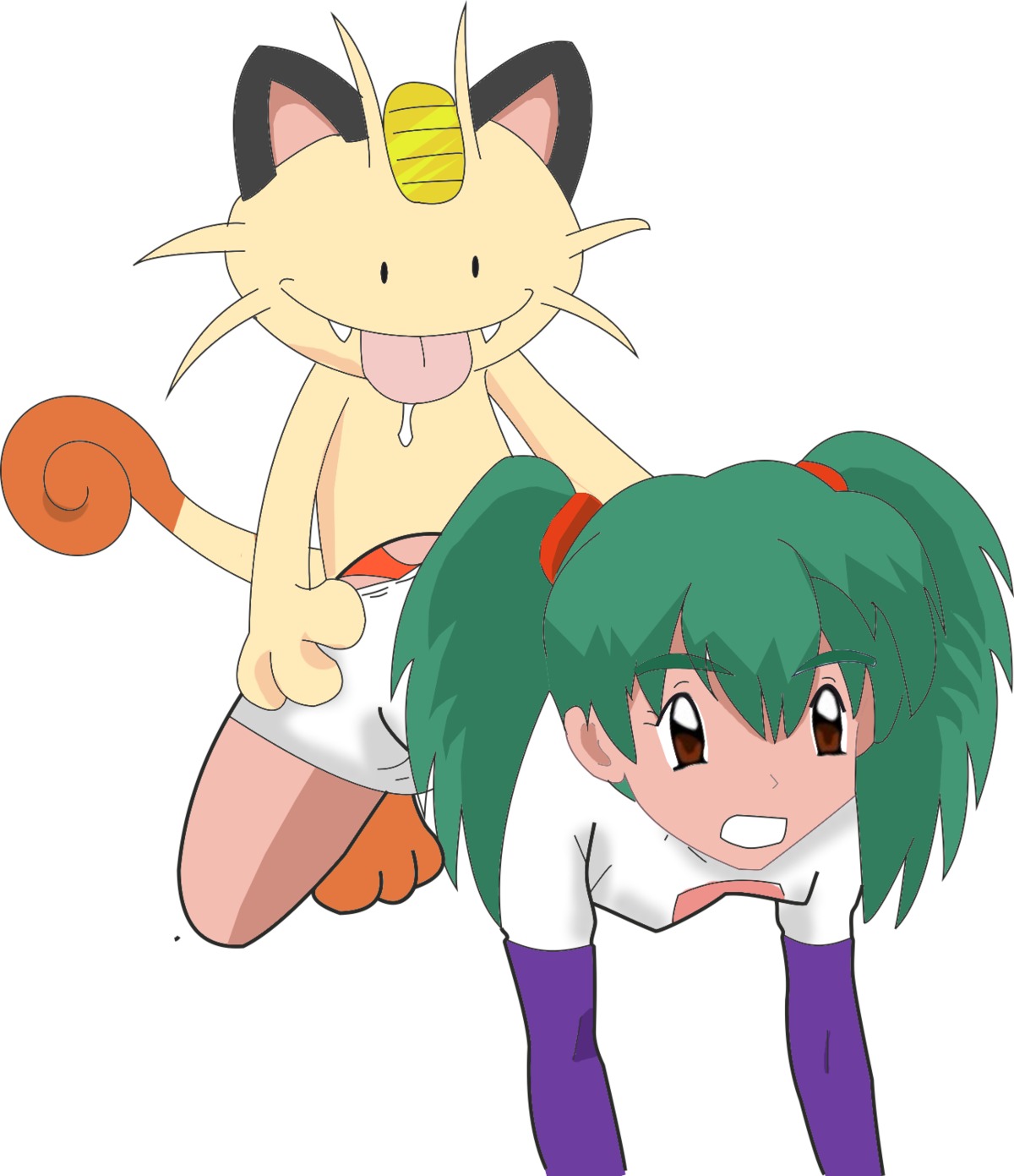 1girls cosplay ditto duplica_(pokemon) female female_focus human meowth pokemon pokemon_(species) pokephilia rule34 team_rocket team_rocket_uniform white_background