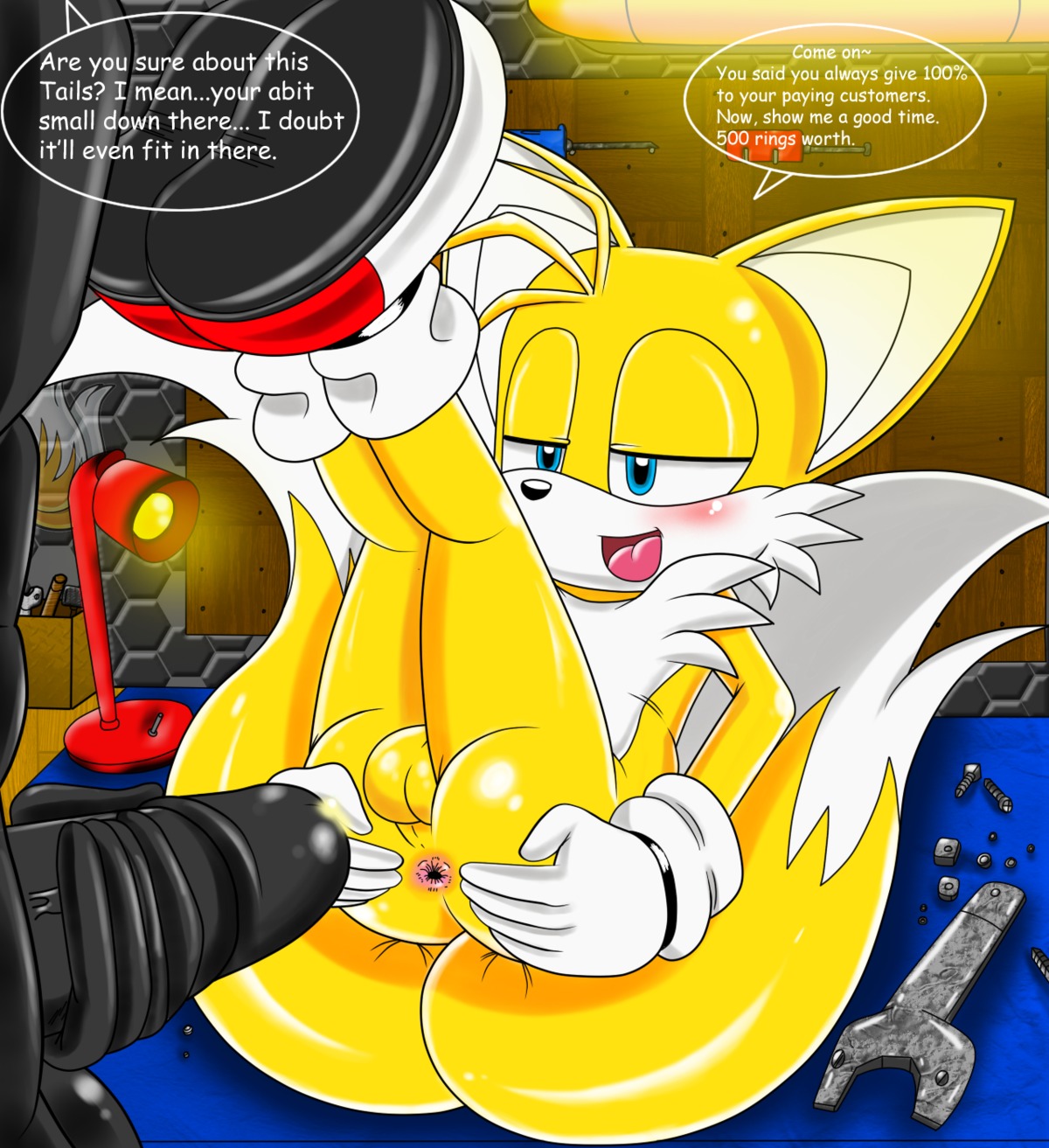 2013 anthro anus backsack balls blue_eyes blush bodily_fluids butt canid canine clothing comic dialogue duo e621 english_text erection footwear fox fur genital_fluids genitals hair hi_res imminent_sex male male/male mammal miles_prower multi_tail nobody147 nude open_mouth orange_hair penis precum presenting presenting_hindquarters sega shoes sonic_the_hedgehog_(series) spread_butt spreading tail text young