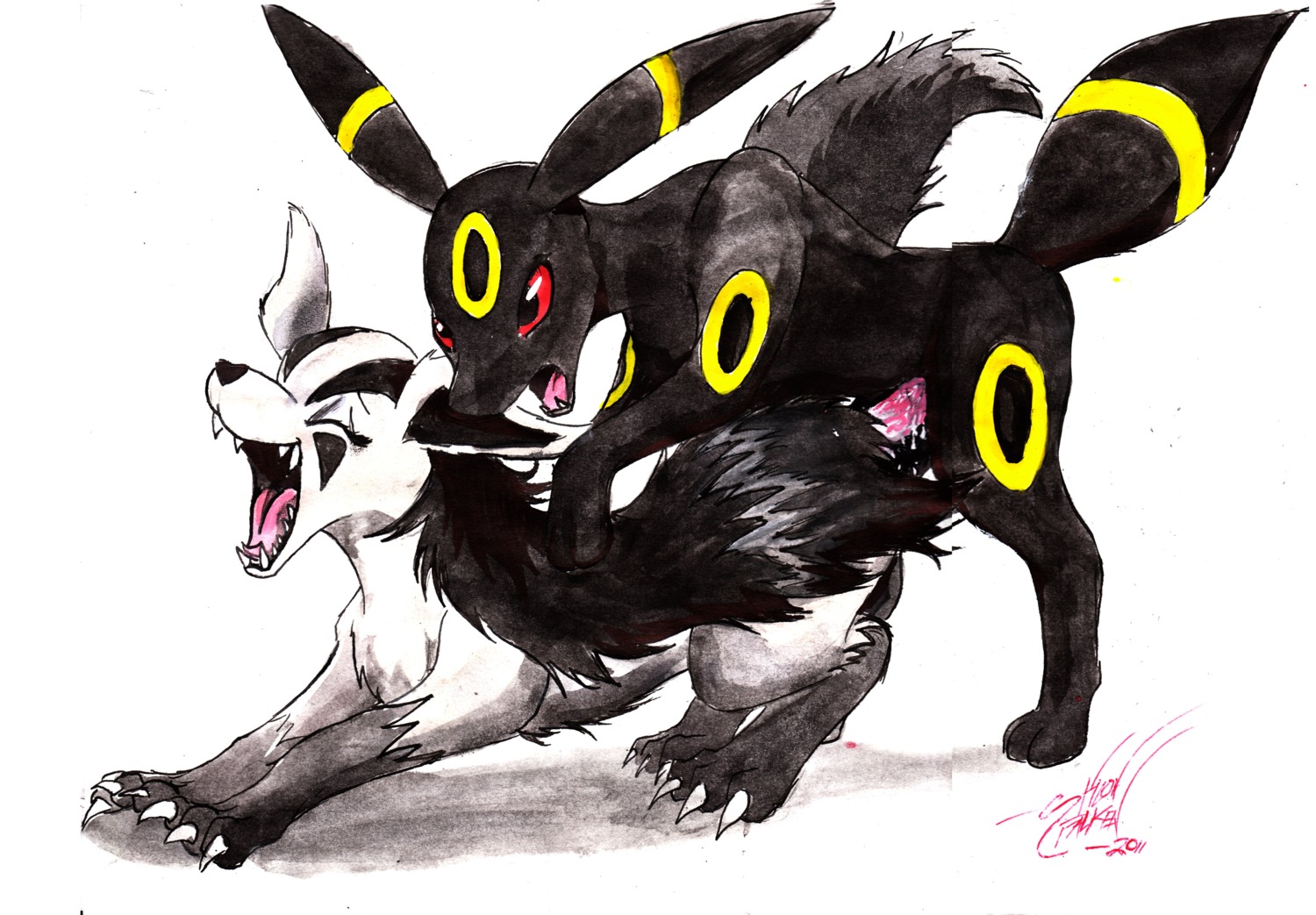 ambiguous_gender color eeveelution feral fur furry generation_2_pokemon generation_3_pokemon interspecies male mightyena nudity pokemon pokemon_(species) rule34 side_view umbreon unknown_gender white_background