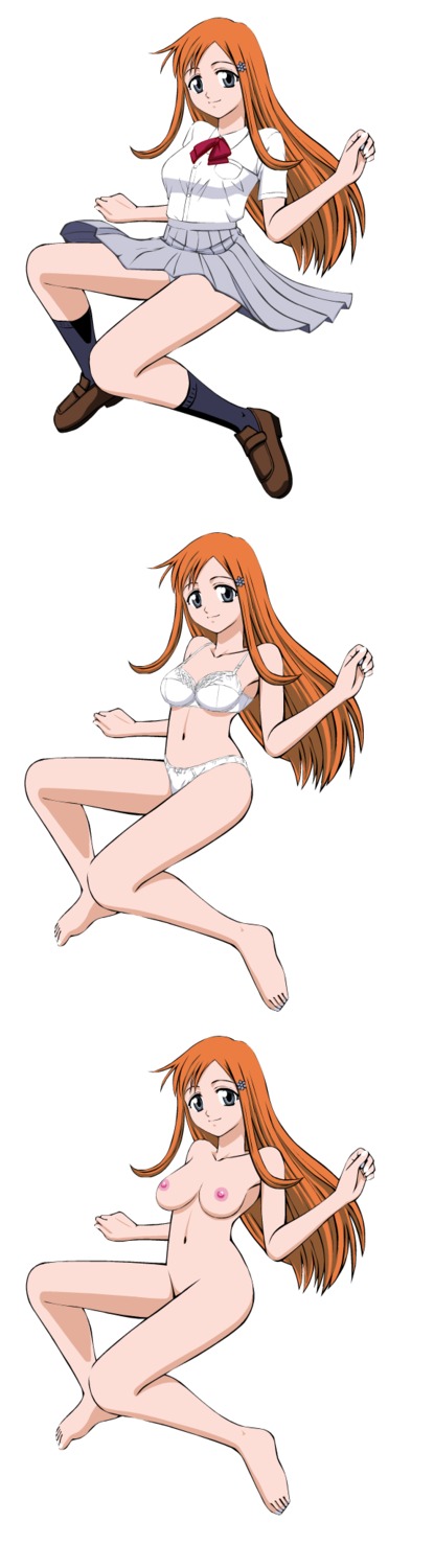 bleach breasts female footwear hair_ornament highres inoue_orihime long_hair long_image miniskirt nude orange_hair rule34 school_uniform skirt smile socks tall_image