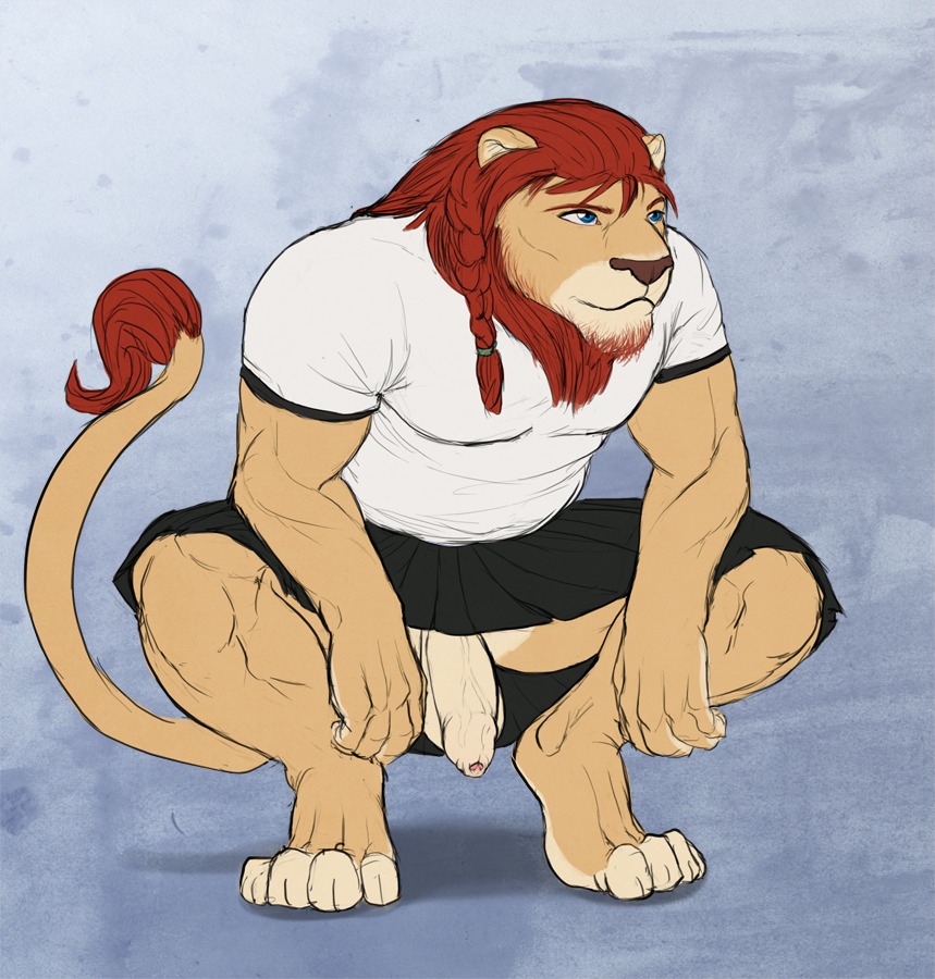 2013 4_toes anthro athletic balls biceps big_muscles biped blue_eyes bottomwear brown_body brown_fur brown_nose claws clothed clothing countershade_feet countershade_hands countershading crouching e621 facial_hair feet felid foreskin fur genitals hair half-erect humanoid_genitalia humanoid_penis irish kenneth_mcleod kilt lion male mammal mane muscular muscular_anthro muscular_male no_underwear pantherine pecs penis plantigrade pose presenting red_hair shirt simple_background solo spelunker_sal tan_body tan_fur toe_claws toes topwear unretracted_foreskin