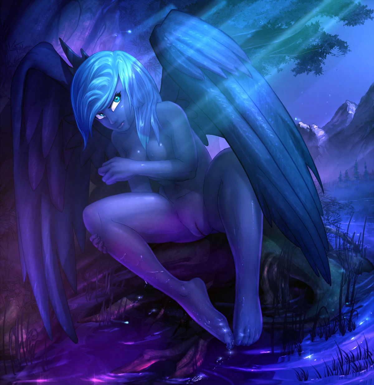 absurd_res alternate_species barefoot blue_body blue_eyes blue_feathers blue_hair blue_skin breasts cool_colors creek crown digital_media_(artwork) e621 feathered_wings feathers feet female friendship_is_magic genitals grass hair hasbro headgear hi_res humanoid humanoidized jakneurotic kevinsano light mammal moonlight mountain my_little_pony navel night not_furry nude outside plant princess_luna_(mlp) rock sitting sky snow solo sparkles star toes tree vest_(artist) vulva wet winged_humanoid wings