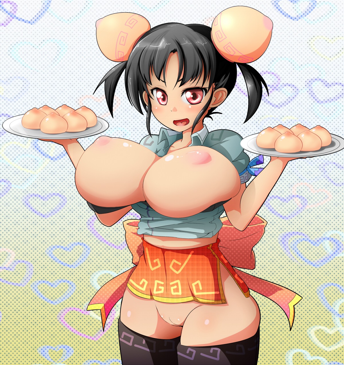 1girls baozi black_hair black_legwear breasts double_bun dumpling female food heart highres huge_breasts nikuman nipples open_mouth original puffy_nipples pussy red_eyes rule34 short_hair solo thighhighs thighs tied_hair twintails wakagashira