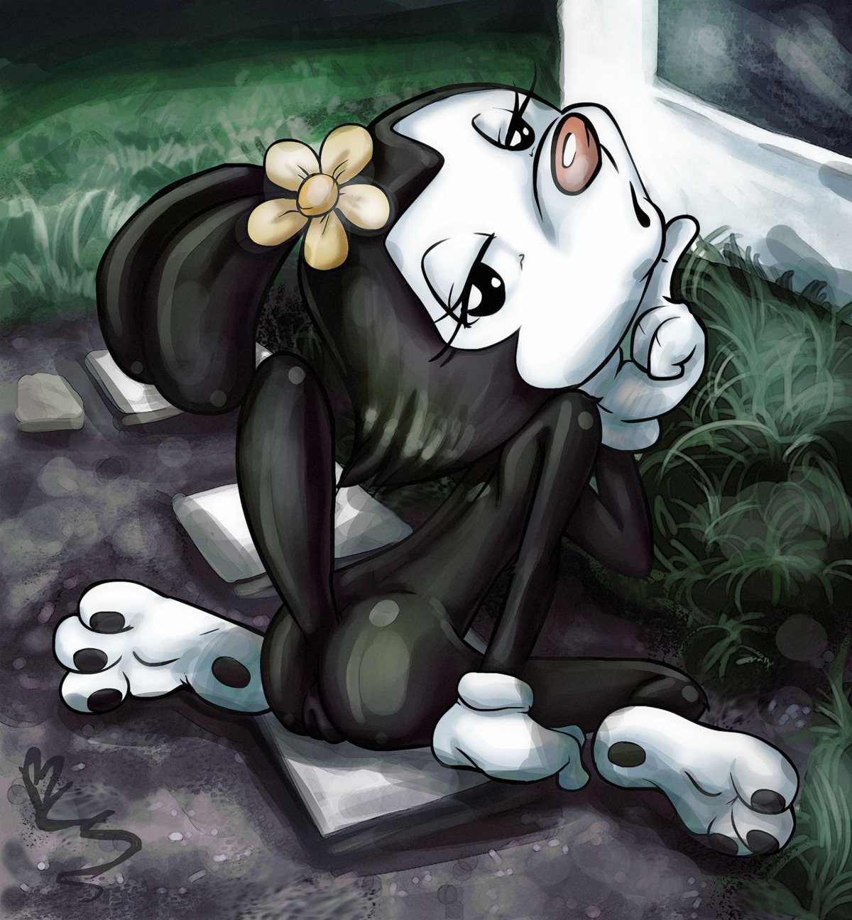 animaniacs anthro ass back_view bcs black_fur color day dot_warner female female_only flower fur nude outdoors pussy rule34 sitting solo tagme taichao vulva white_fur