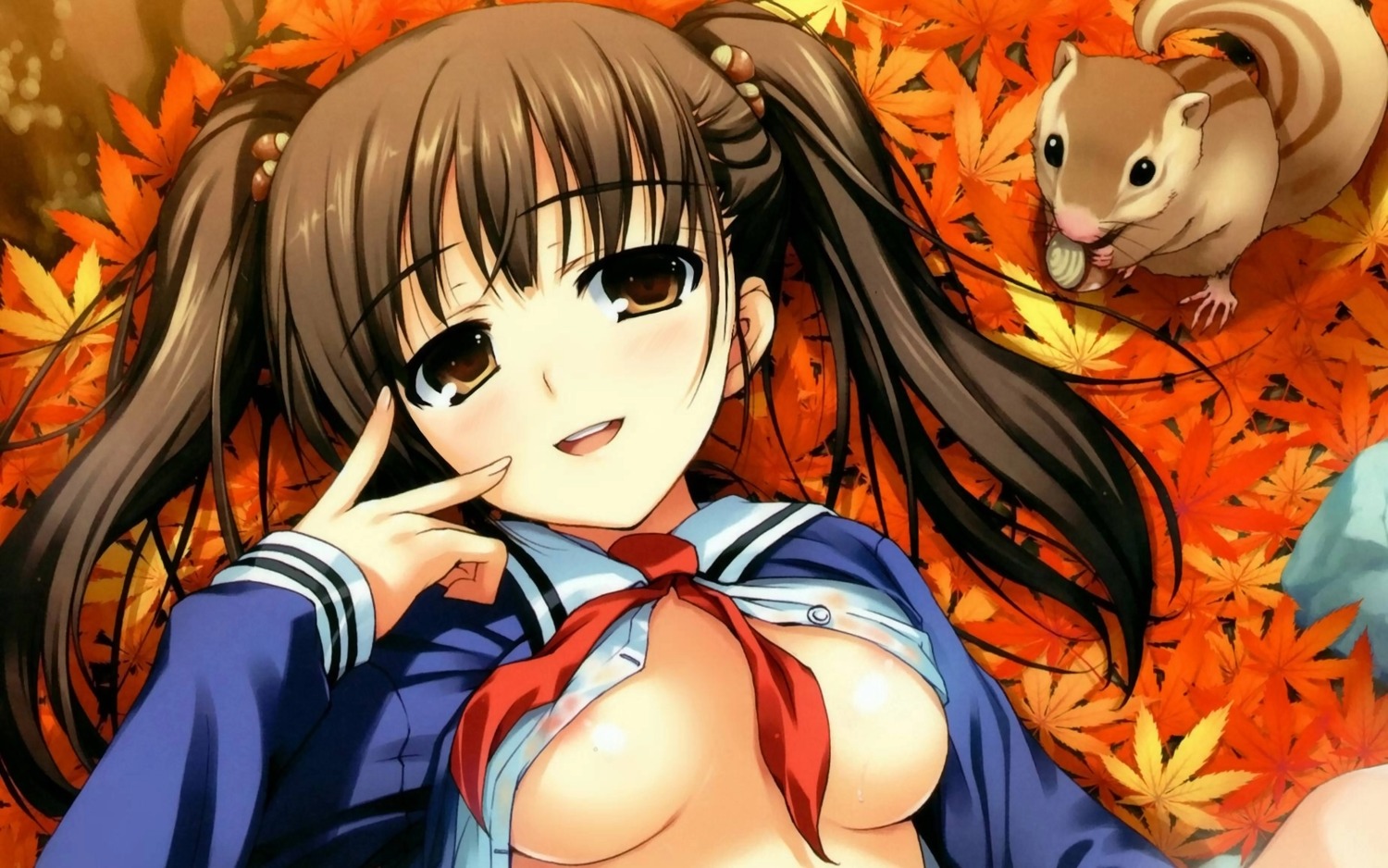 1girls breasts brown_eyes brown_hair female female_only nipples rule34 seifuku solo tied_hair tomose_shunsaku twintails