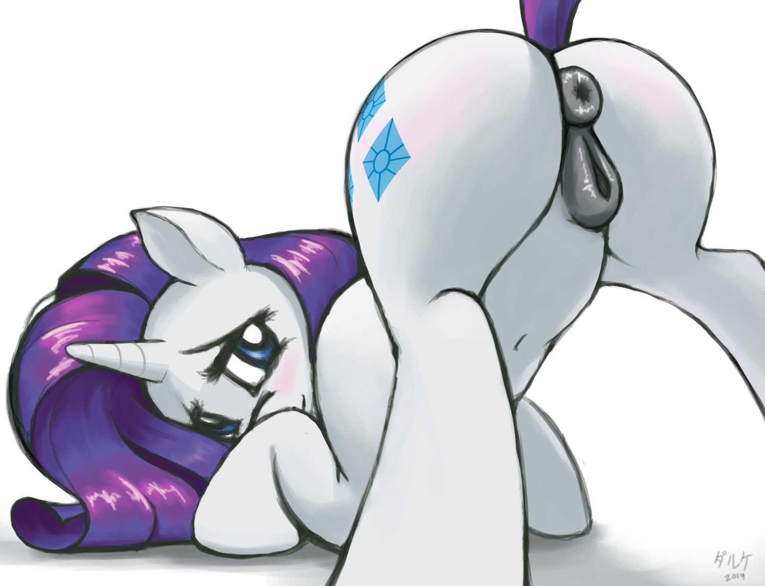 2014 anatomically_correct anatomically_correct_genitalia anatomically_correct_vulva animal_genitalia animal_vulva anus ass_up bedroom_eyes blue_eyes blush body_blush butt butt_blush clitoris cutie_mark daruqe e621 equid equine equine_genitalia equine_vulva female feral friendship_is_magic fur genitals hair half-closed_eyes hasbro hi_res hooves horn long_hair looking_at_viewer looking_back mammal my_little_pony mythological_creature mythological_equine mythology narrowed_eyes navel presenting presenting_hindquarters puffy_anus purple_hair raised_tail rarity_(mlp) rear_view seductive shaded simple_background smile solo tail unicorn vulva white_background white_body white_fur
