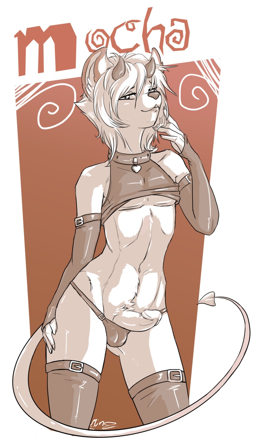 2013 5_fingers absurd_res anthro biped bulge cel_shading character_name claws clothed clothing collar crossdressing demon e621 erection felid femboy fingers front_view genitals gloves hair hand_on_leg handwear heart_pendant heart_symbol hi_res horn humanoid_genitalia humanoid_penis inner_ear_fluff jewelry latex legwear lion lipstick looking_at_viewer makeup male mammal midriff mingchee mocha_softpaw mochasp pantherine panties pendant penis pinup portrait pose shaded short_hair skimpy smile solo spade_tail standing stockings tail text three-quarter_portrait tuft underwear wide_hips