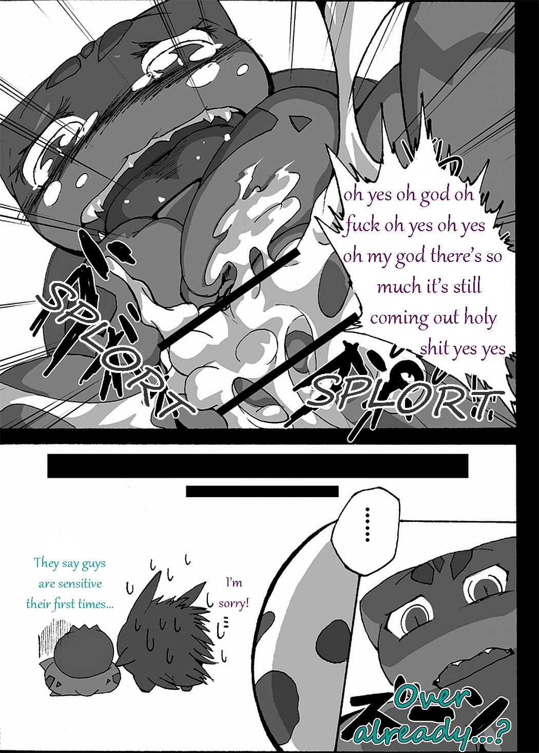 after_sex bodily_fluids bulbasaur censor_bar censored comic cum dialogue duo e621 english_text female feral generation_1_pokemon gengar genital_fluids greyscale hi_res ineffective_censorship male male/female monochrome nintendo pokemon pokemon_(species) profanity text unknown_artist