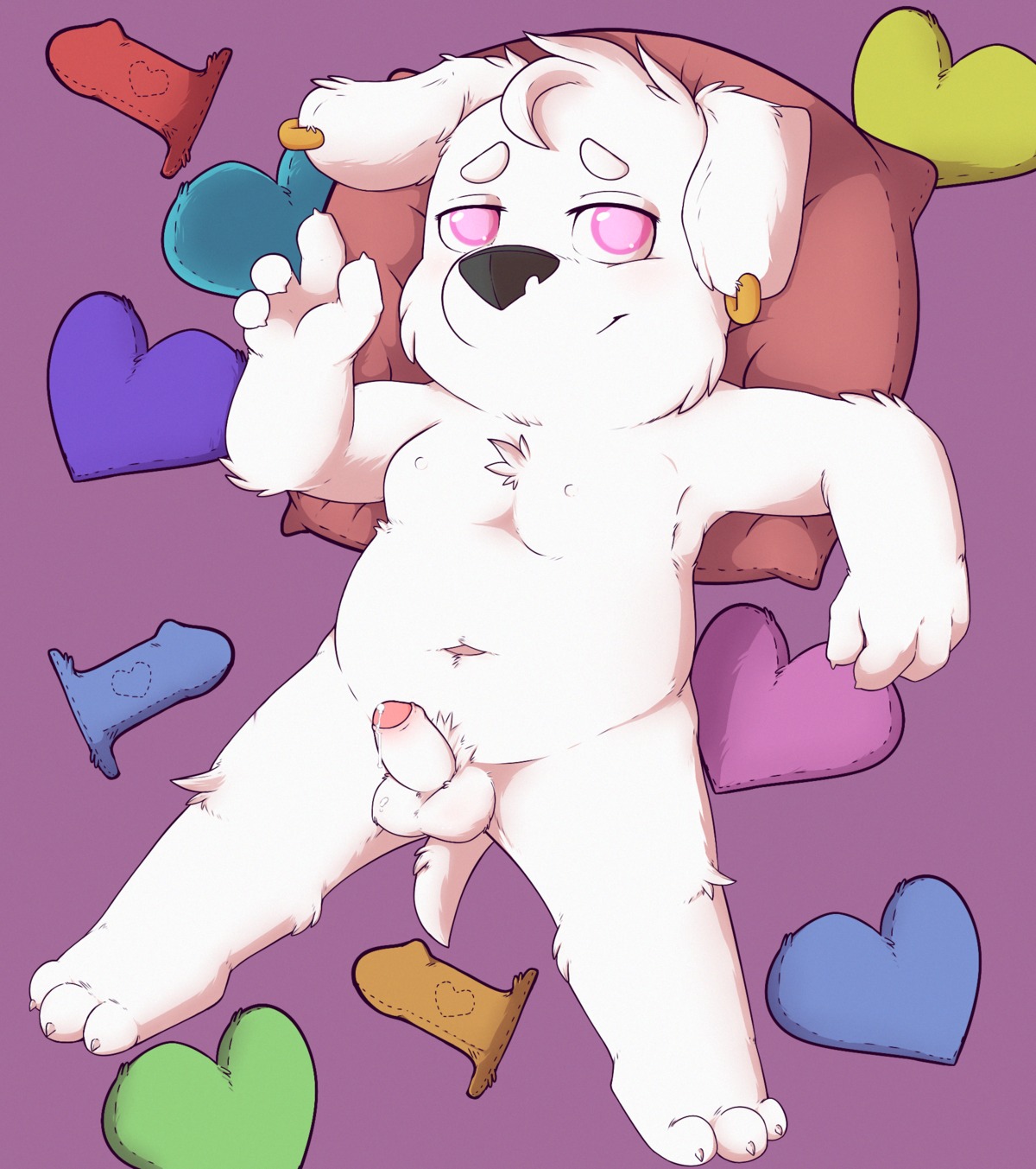 balls bodily_fluids canid canine canis cum dildo domestic_dog e621 ear_piercing erection family_guy genital_fluids genitals heart_symbol hi_res jasper_(family_guy) lunicent male mammal penis piercing pink_eyes sex_toy solo