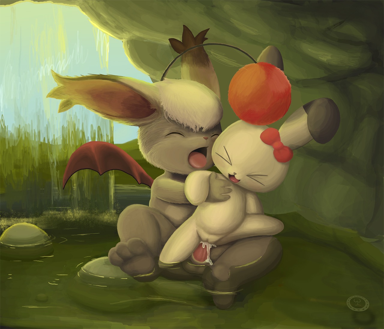 :3 >_< accessory animal_yokocho antennae_(anatomy) blush bodily_fluids bow_(feature) bow_accessory bow_ribbon bunnie cave conditional_dnp crossover cum duo e621 erection eyes_closed female feral final_fantasy foot_in_water foot_out_of_water genital_fluids genitals hair_accessory hair_bow hair_ribbon iyo lagomorph leg_in_water leporid male male/female mammal membrane_(anatomy) membranous_wings moogle nude open_:3 otts partially_submerged penis pom_antennae rabbit ribbons rock sex sex_in_water shallow_water sitting sitting_in_water square_enix submerged_leg tricksta vulva water waterfall wings young
