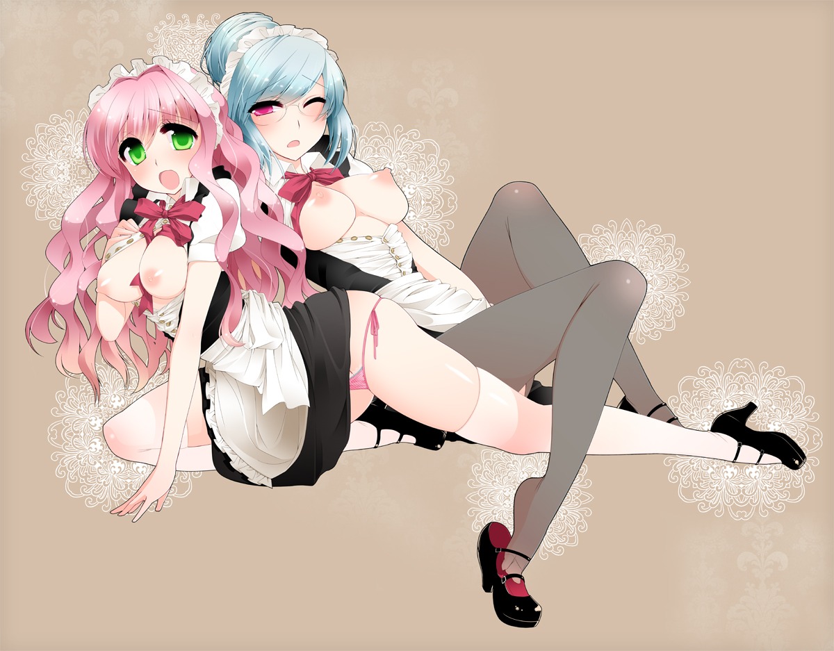 2girls apron blue_hair blush breasts female green_eyes hair_bun large_breasts long_hair lying maid mary_janes multiple_females multiple_girls nipples on_side open_clothes open_mouth open_shirt original panties pantyhose pantyshot pink_hair red_eyes rule34 shirt shoe_dangle shoes short_hair thighhighs underwear uniform usamirui white_legwear white_thighhighs wince