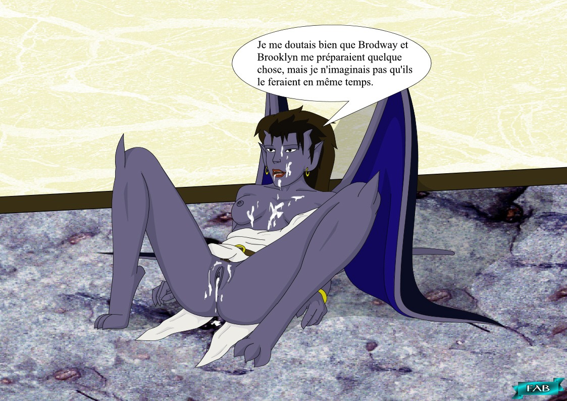 1girls after_sex angela_(gargoyles) clothes cum cum_in_pussy cum_on_body cum_on_face disney dress fab fab3716 female female_only french_text gargoyle gargoyles humanoid lying nipples on_back purple-skinned_female purple_skin pussy rule34 solo solo_female tagme tail text wings