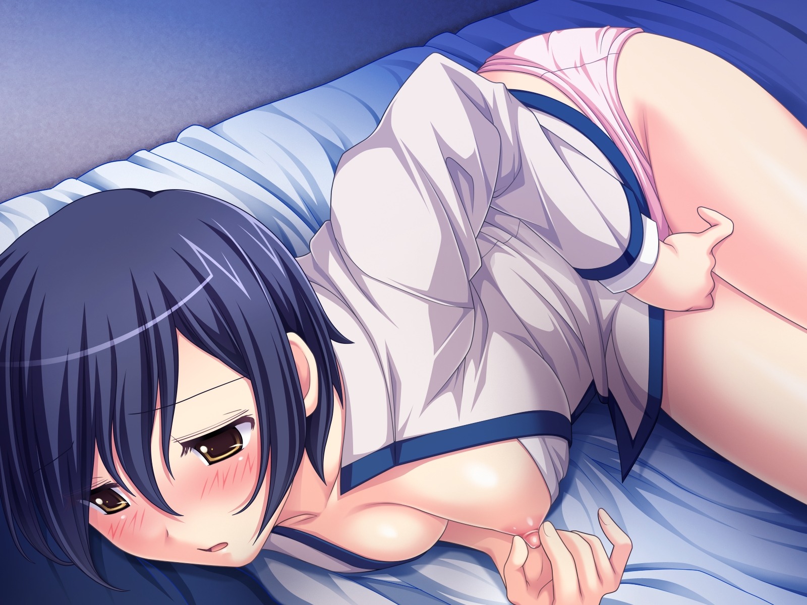 bed blush breasts female game_cg m_teacher masturbation nipples panties rule34 short_hair underwear