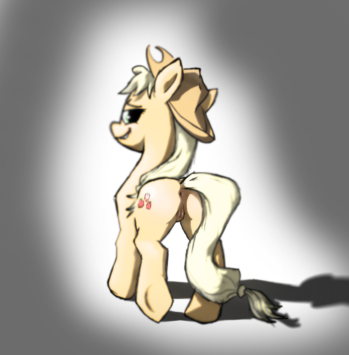 abstract_background alpha_channel anus applejack_(mlp) blonde_hair butt clothing cowboy_hat cutie_mark e621 earth_pony equid equine female feral friendship_is_magic fur genitals green_eyes hair hasbro hat headgear headwear horse looking_at_viewer looking_back mammal my_little_pony orange_body orange_fur pony presenting presenting_hindquarters simple_background solo unknown_artist vulva