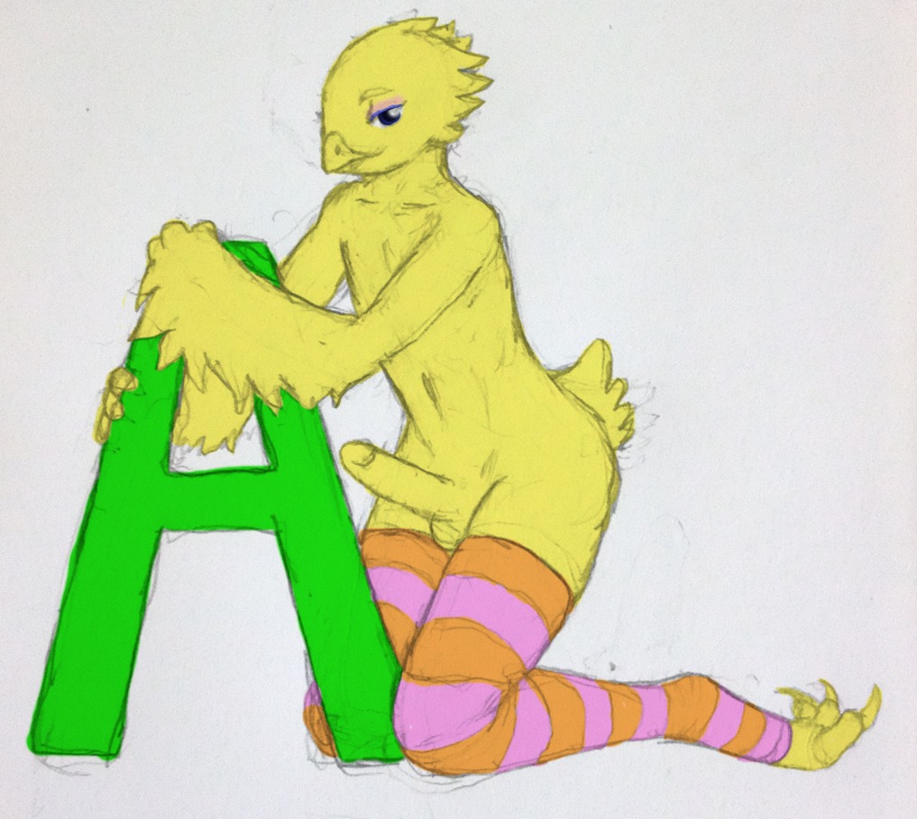 2011 anthro avian balls beak big_bird_(sesame_street) bird blue_eyes clothing e621 erection eyeliner feet genitals humanoid_genitalia humanoid_penis legwear legwear_only makeup male mostly_nude pbs penis sesame_street simple_background sketch solo stockings stockings_only tail talons toes weegboi white_background winged_arms wings yellow_balls yellow_body yellow_penis