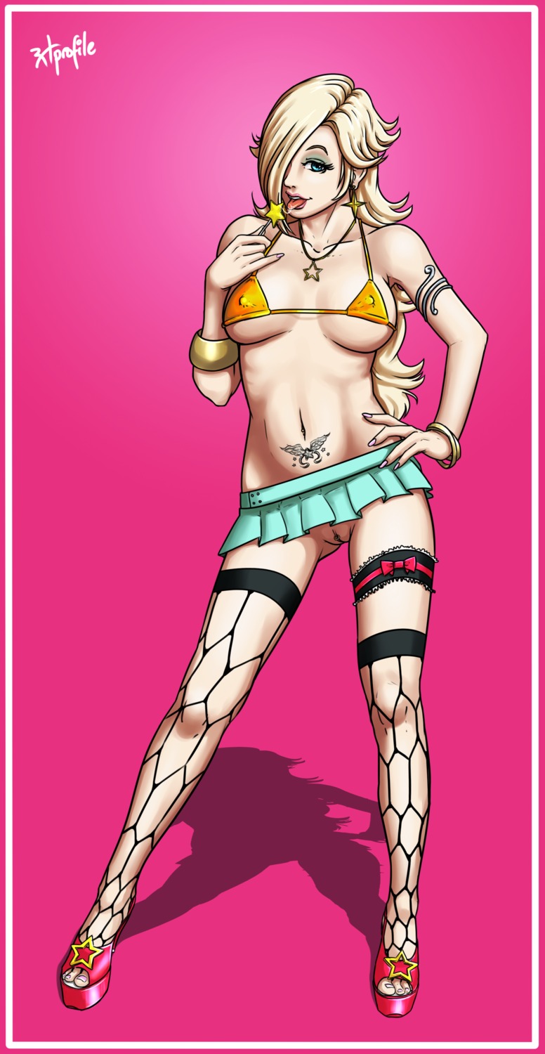 1girls alternate_costume armlet bare_shoulders bikini_top blonde_hair blue_eyes blue_skirt bracelet breasts clitoris clitoris_piercing clitoris_ring contemporary earrings erect_nipples eyeshadow female female_only fishnets garter hair hair_over_one_eye hand_on_hip high_heels high_resolution hips human jewelry licking lollipop long_hair looking_at_viewer makeup mario_(series) microskirt miniskirt nail_polish navel navel_piercing necklace nintendo nipples nipples_visible_through_clothing no_panties open_shoes open_toe_shoes piercing pink_nails platform_footwear platform_heels princess_rosalina pussy radprofile ramiro_de_la_cruz rule34 saliva saliva_trail shadow shoes signature skimpy skirt solo solo_female standing star tattoo thigh_strap thighhighs toes tongue uncensored upskirt wand