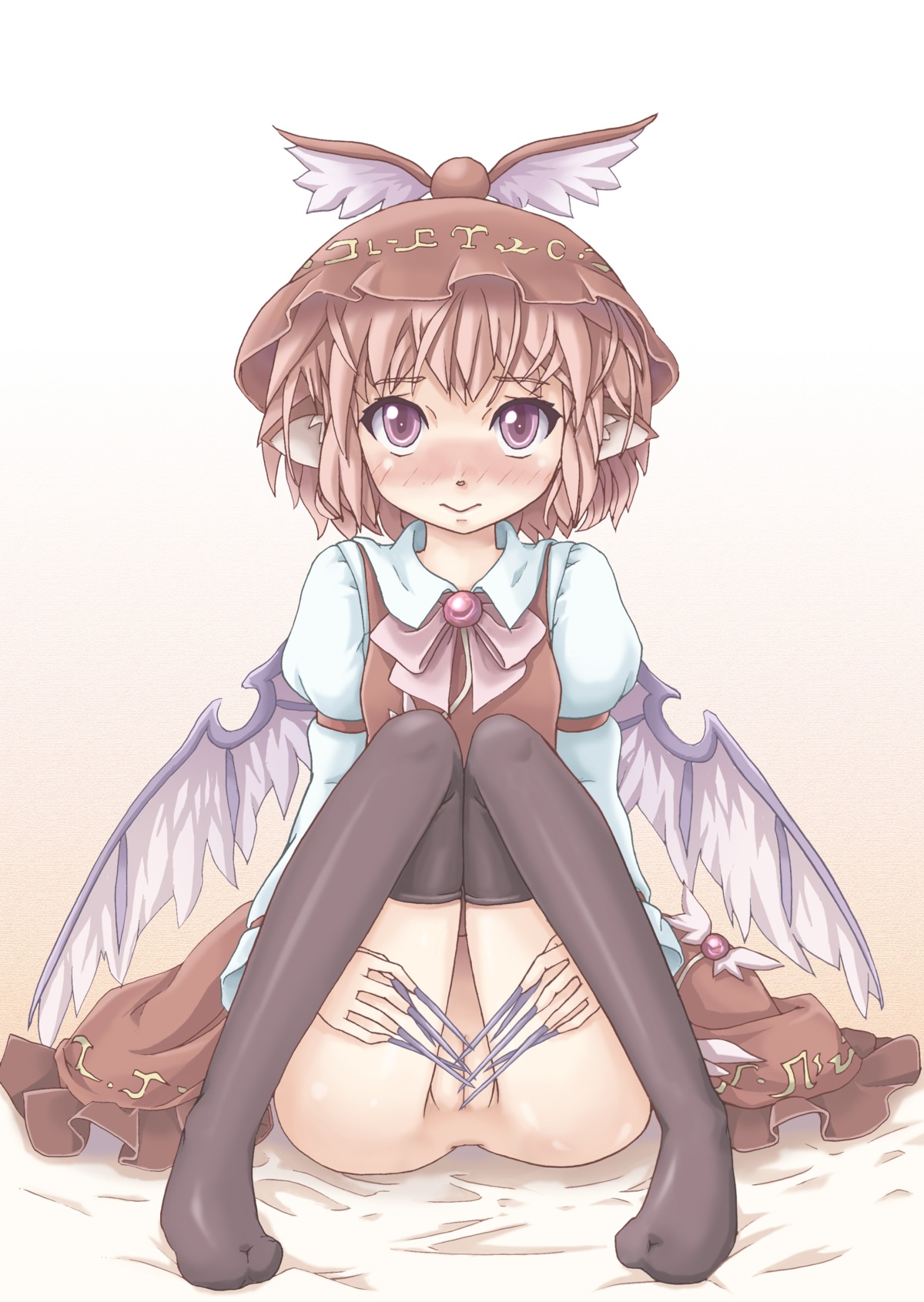 animal_ear black_legwear black_thighhighs blush brown_hair female fingernails hat high_resolution long_fingernails long_nails marujin mystia_lorelei nail_polish no_panties purple_eyes pussy rule34 short_hair sitting solo thighhighs touhou uncensored wings