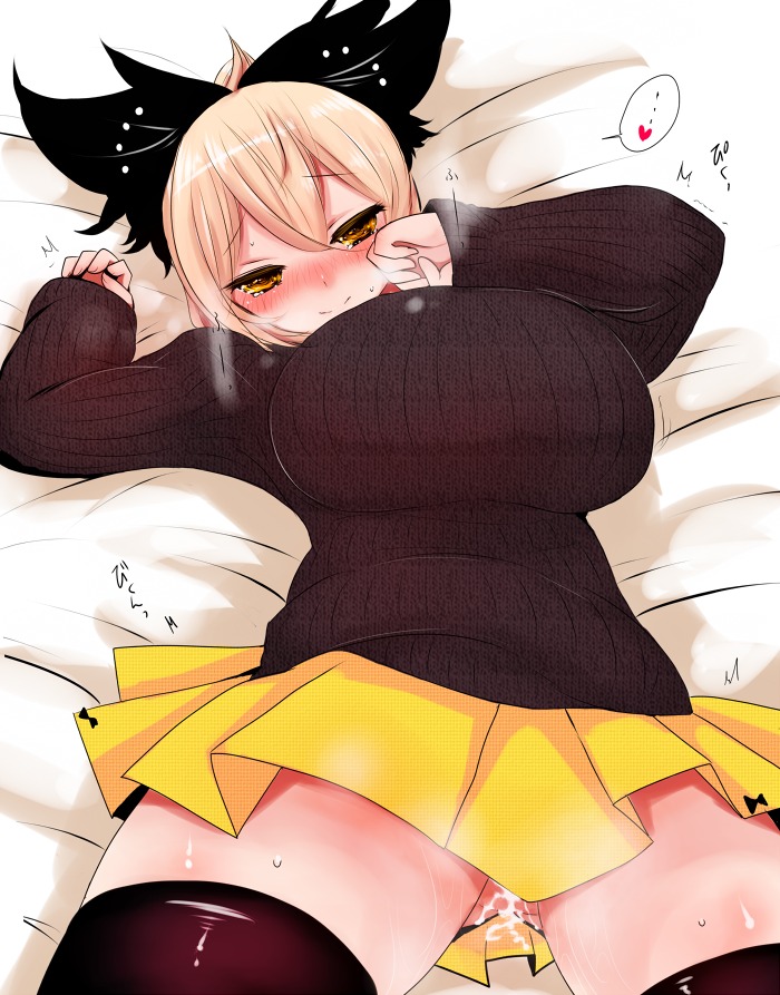 absolute_territory after_sex big_breasts black_clothing black_legwear blonde_hair blush bodily_fluids bottomwear breasts clothing cum cum_drip dripping e621 female genital_fluids hair han_(jackpot) huge_breasts human legwear mammal not_furry skirt solo thigh_highs touhou yamame_kurodani yellow_eyes