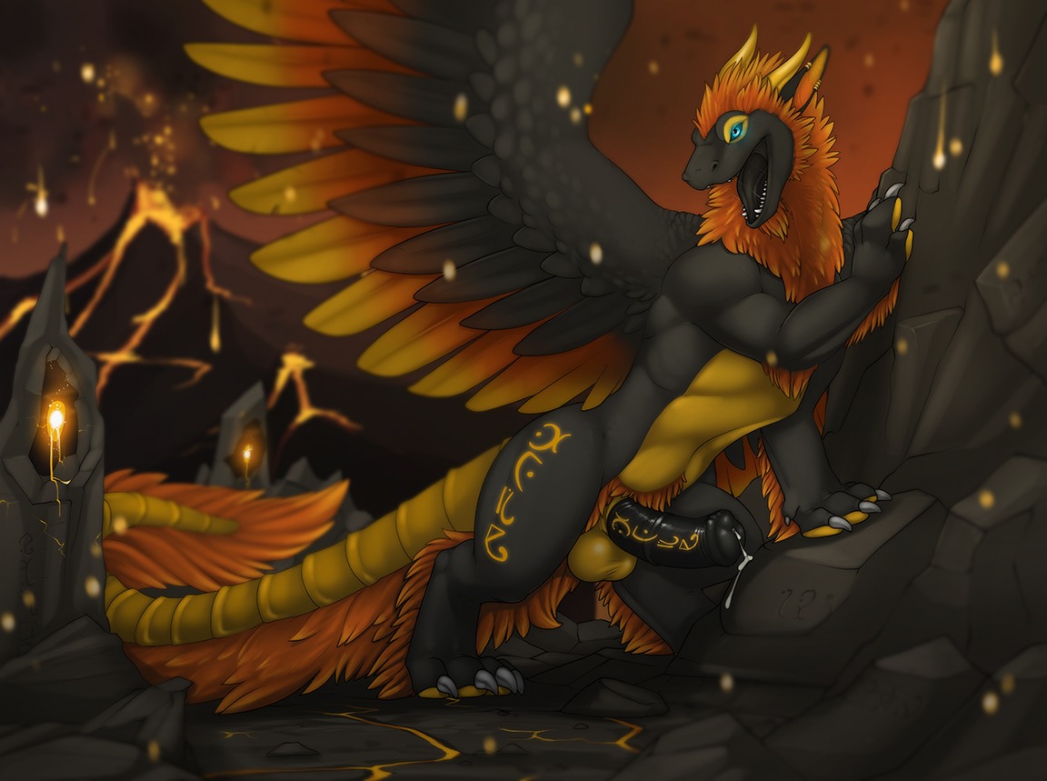 2014 animal_genitalia animal_penis balls black_penis blue_eyes bodily_fluids claws conditional_dnp dragon dripping e621 equine_genitalia equine_penis erection feathered_dragon feathered_scalie feathered_wings feathers feral genital_fluids genitals glowing glowing_eyes horn male markings mythological_creature mythological_scalie mythology non-mammal_balls northern_dragon nude open_mouth penis precum precum_drip precum_string runes saliva saliva_string sandalf scalie solo tail toe_claws tojo_the_thief volcano wings