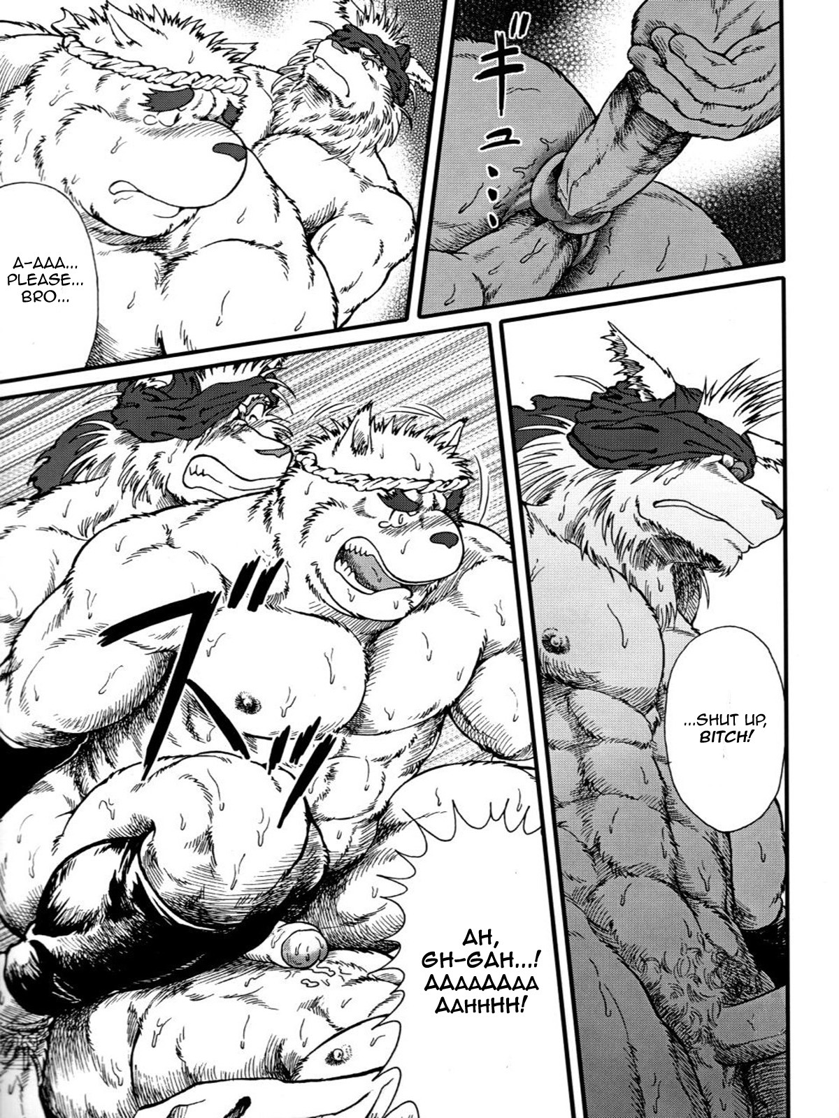 3:4 abs anal anal_penetration anthro balls canid canine canis comic dialogue domestic_dog double_penetration e621 english_text erection genitals greyscale group group_sex hi_res jin_(artist) male male/male male_penetrated male_penetrating male_penetrating_male mammal monochrome multiple_scenes muscular pecs penetration penis profanity sex text threesome translated trio wolf