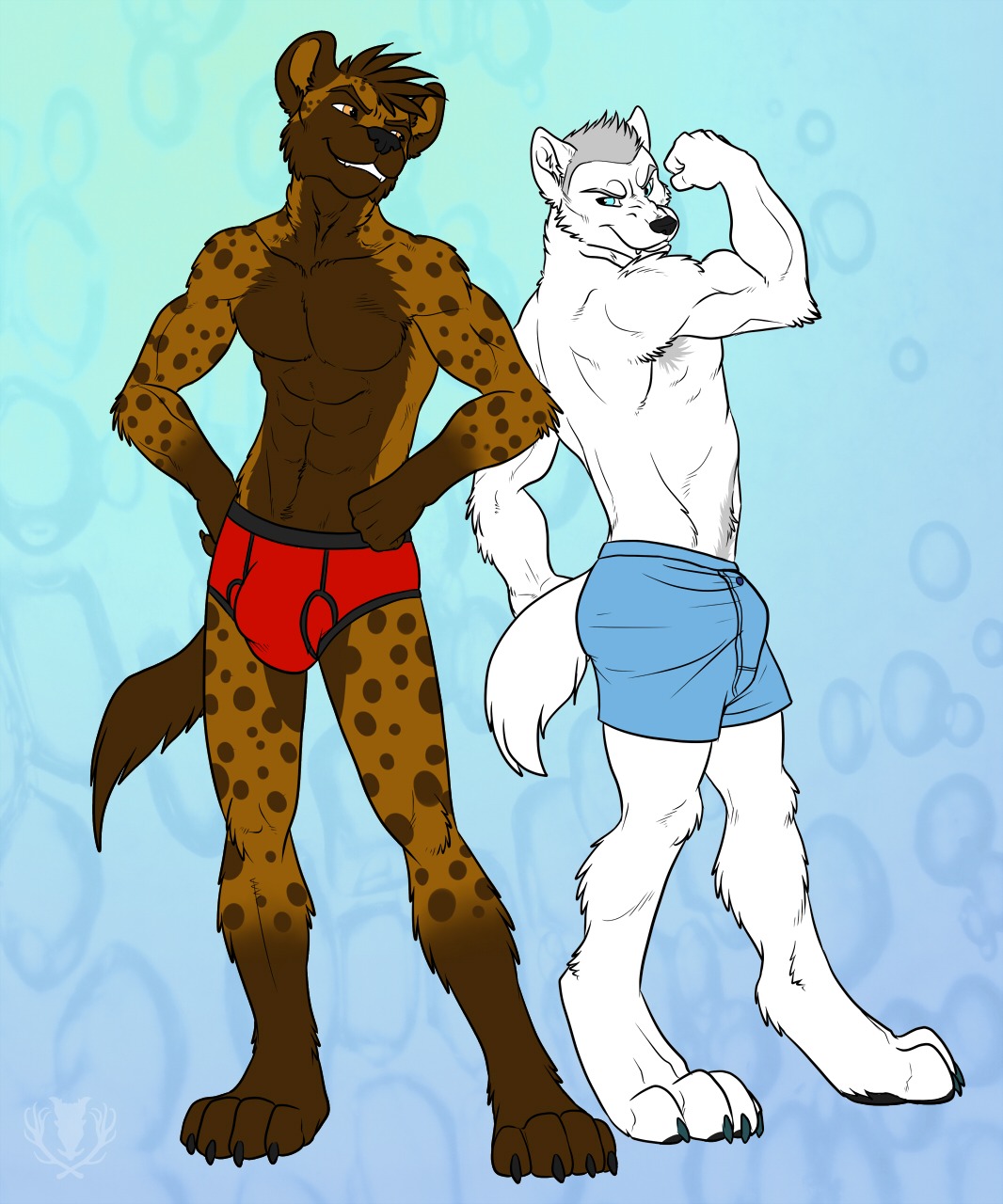abs anthro arctic_wolf athletic barefoot biceps black_nose black_pawpads black_seam_briefs black_seam_underwear blue_boxers blue_clothing blue_eyes blue_underwear boxers_(clothing) boxers_only briefs briefs_only brown_body brown_fur brown_hair bulge button_boxers button_underwear canid canine canis claws clothed clothing colored_seam_underwear digital_media_(artwork) duo e621 fangs feet flexing front-button_underwear full-length_portrait fur gear_(dhalo) grey_body grey_fur grey_hair grin hair hi_res hyena male mammal markings muscular orange_eyes pawpads paws pecs portrait pose red_briefs red_clothing red_underwear rei_(jaysilverfox) seductive smile spots spotted_body spotted_fur spotted_hyena standing tail tan_body tan_fur teeth toe_claws topless tuft underwear underwear_only vallhound white_body white_fur wolf