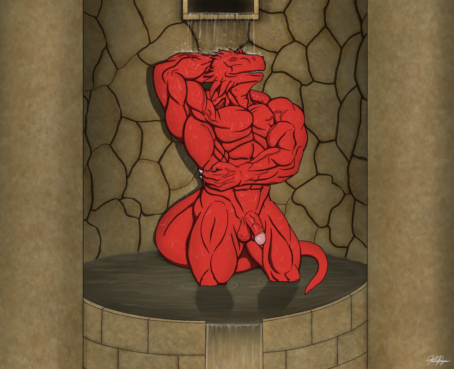 2013 abs anthro athletic balls bath biceps big_muscles biped brunder casual_nudity claws dragon e621 eyes_closed fangs flaccid flexing foreskin genitals half-erect hands_behind_head hi_res horn humanoid_genitalia humanoid_penis kevindragon male manly muscular muscular_anthro muscular_male mythological_creature mythological_scalie mythology non-mammal_balls non-mammal_foreskin nude partially_submerged pecs penis pose red_body red_penis red_skin retracted_foreskin scales scalie shower solo standing tail teeth vein veiny_penis water wet