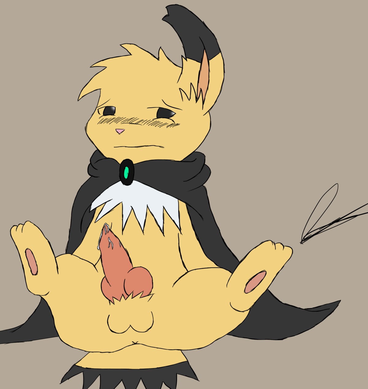 balls blush bodily_fluids cloak clothing e621 eeveelution erection feet generation_1_pokemon genital_fluids genitals hi_res hindpaw jolteon knot leon_ashford male nintendo paws penis pokemon pokemon_(species) precum simple_background skyffan solo toes