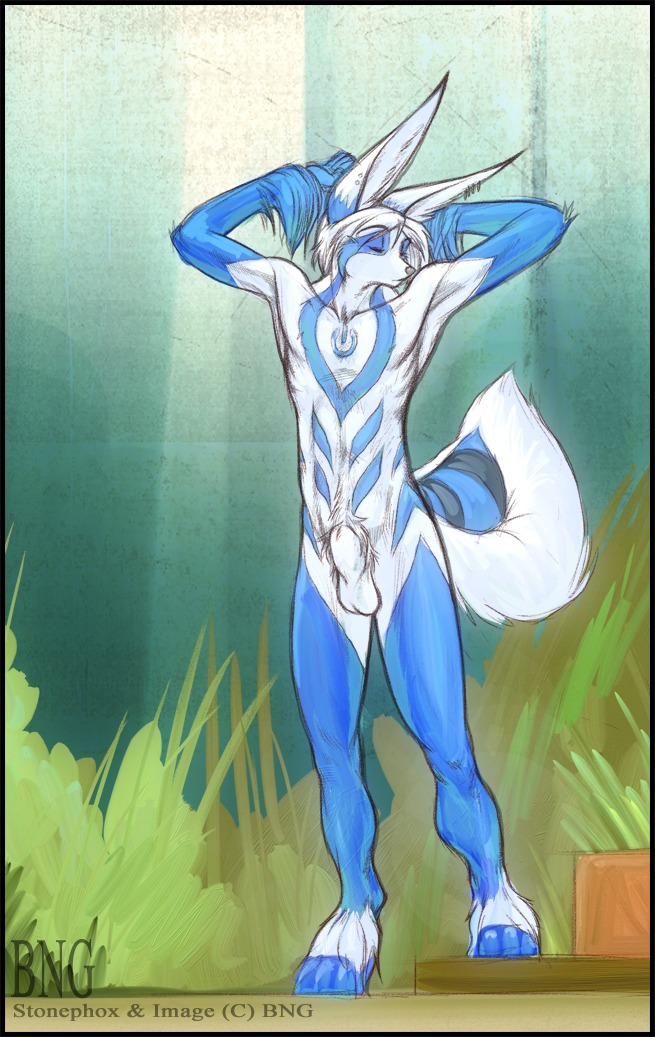 animal_genitalia anthro balls bng canid canine e621 ear_piercing fox fully_sheathed genitals male mammal nude piercing sheath solo stonephox tail tattoo