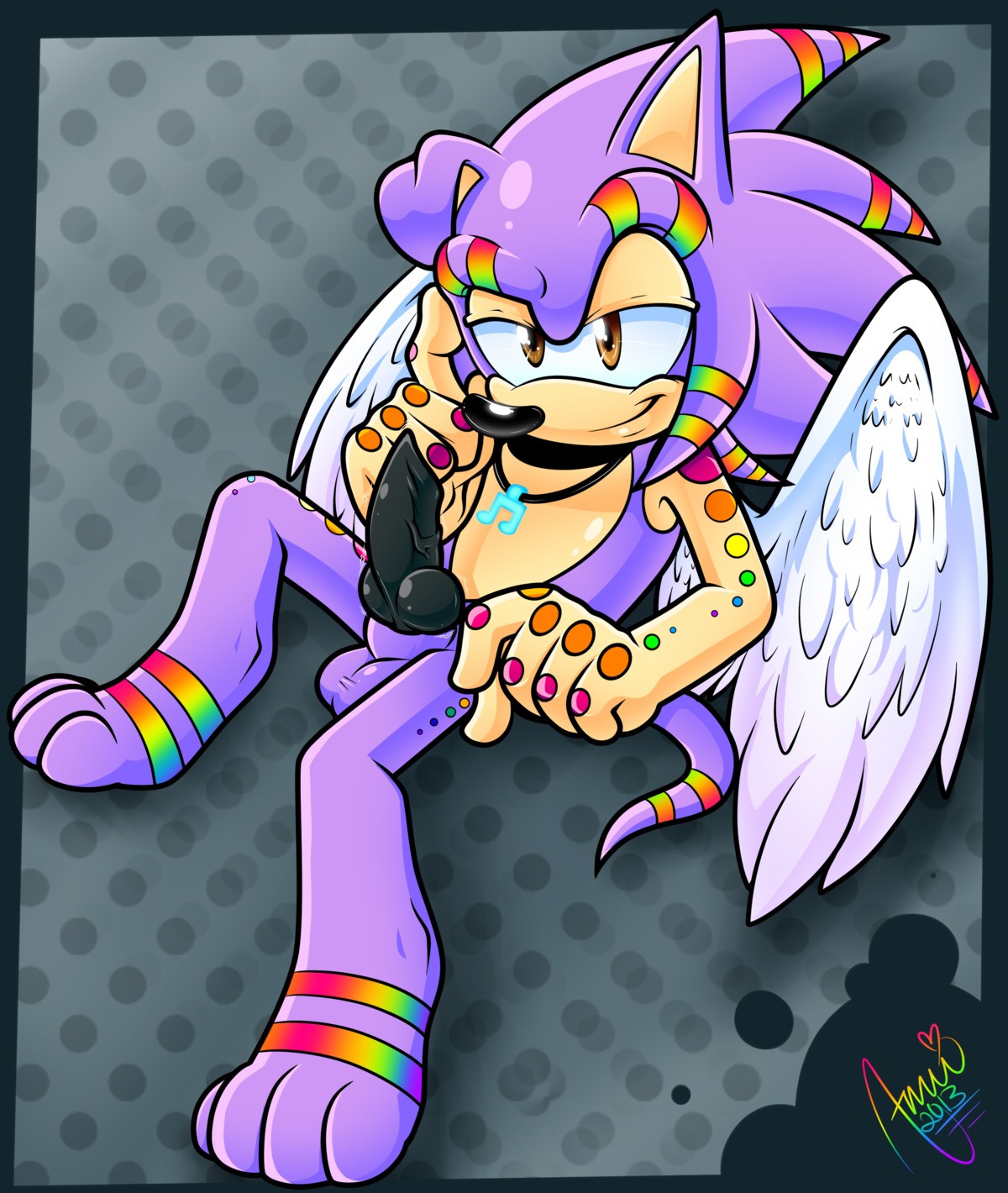 2013 absurd_res amuzoreh anthro balls black_penis bling e621 erection eulipotyphlan feathered_wings feathers genitals half-closed_eyes hedgehog hi_res jewelry knot male mammal markings multicolored_markings musical_note musical_symbol narrowed_eyes naughty_face necklace pattern_background penis pose rainbow_markings sega shaded signature simple_background smile solo sonic_the_hedgehog_(series) symbol tattoo wings