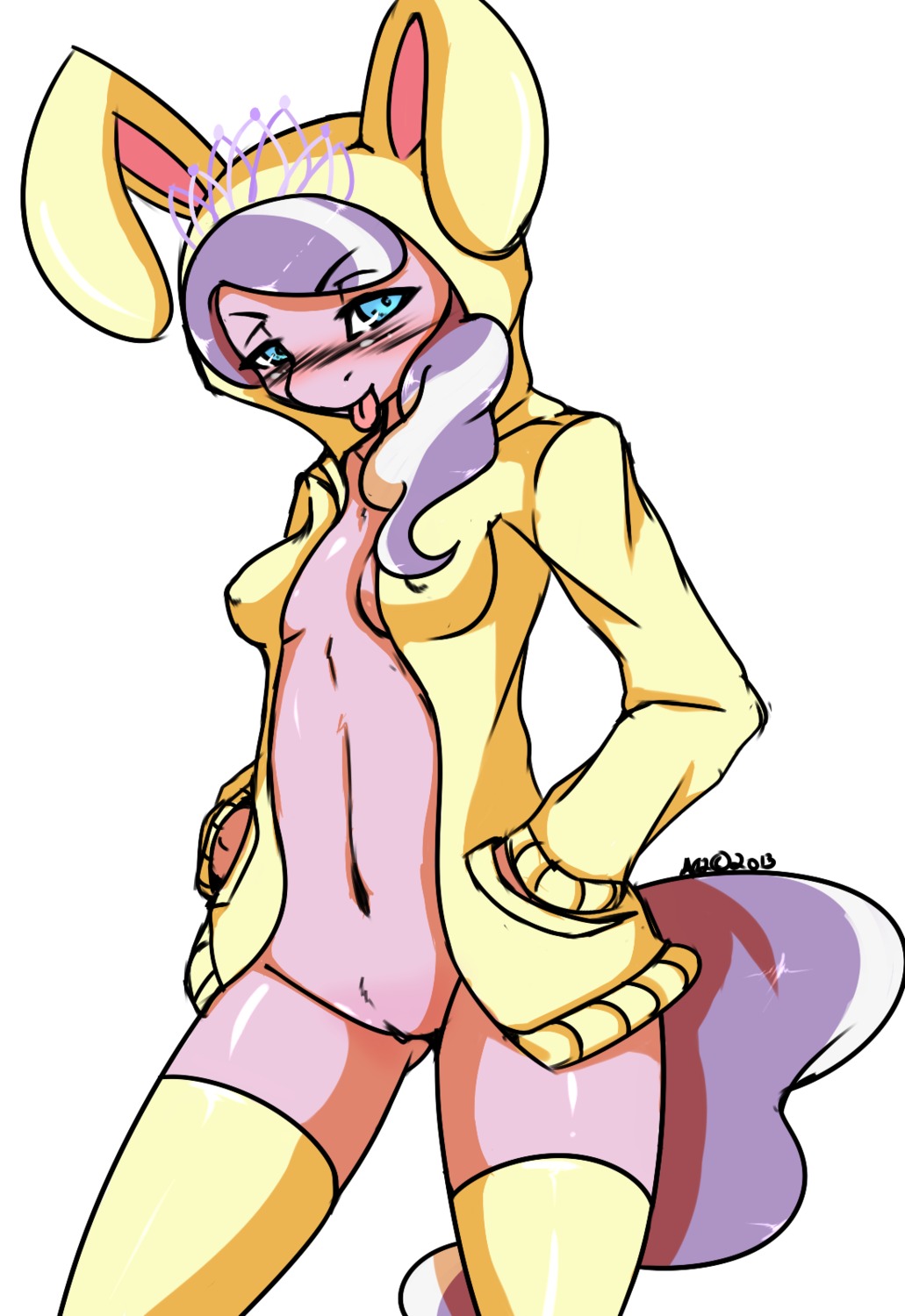 2013 anthro anthrofied avante92 biped blush bunny_costume clothing costume crown diamond_tiara_(mlp) e621 earth_pony equid equine female friendship_is_magic genitals hair hasbro headgear hi_res horse legwear mammal multicolored_hair my_little_pony navel pony simple_background solo standing stockings tail tiara tongue tongue_out two_tone_hair vulva white_background