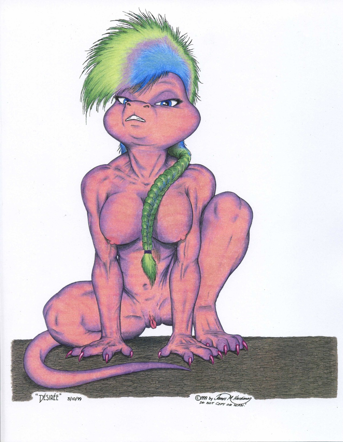 1999 4_toes absurd_res anthro barefoot biped braided_hair breasts chameleon claws crouching desiree_(jmh) e621 feet female genitals hair hi_res james_m_hardiman lizard long_hair looking_at_viewer muscular muscular_anthro muscular_female non-mammal_breasts nude reptile scalie solo tail toe_claws toes vulva