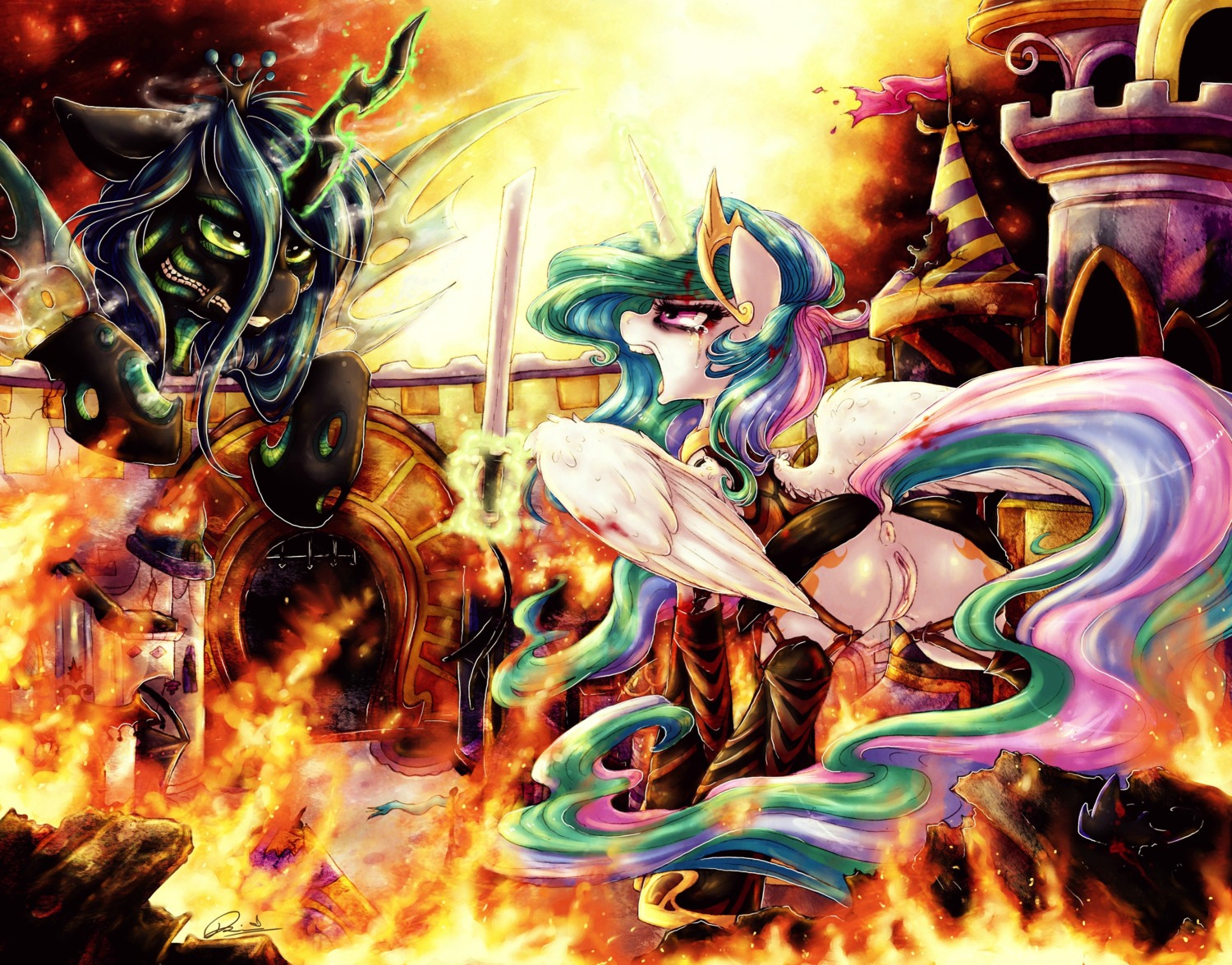 2013 absurd_res anus arthropod attack_on_titan black_body blood blue_hair bodily_fluids building changeling_(mlp) crossover crown cutie_mark dimwitdog duo e621 equid equine feathered_wings feathers female feral friendship_is_magic fur genitals green_eyes hair hasbro headgear hi_res horn insect_wings magic mammal melee_weapon multicolored_hair my_little_pony mythological_creature mythological_equine mythology princess_celestia_(mlp) purple_eyes queen_chrysalis_(mlp) sword tears vulva weapon white_body white_feathers white_fur winged_unicorn wings