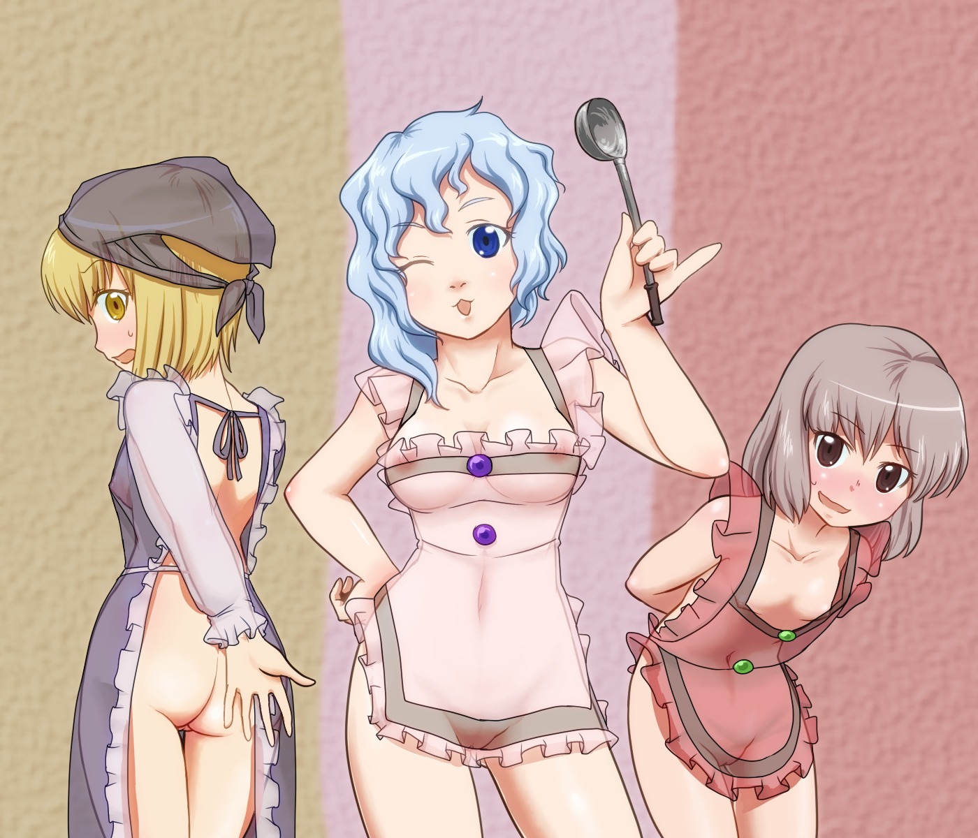 3girls apron ass blonde_hair blue_eyes blue_hair blush breasts brown_eyes brown_hair d.koutya daajirin.koucha female highres ladle leaning_forward lunasa_prismriver lyrica_prismriver merlin_prismriver multiple_females multiple_girls naked_apron nipples pussy rule34 see-through short_hair siblings sisters touhou uncensored wink yellow_eyes