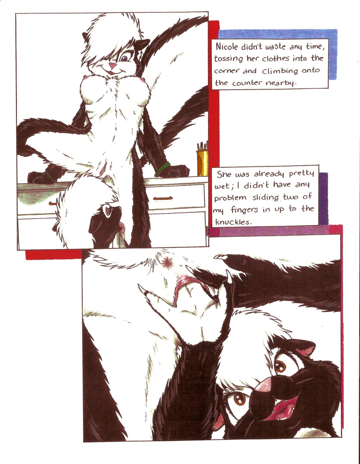 absurd_res anthro anus breasts brown_eyes comic duo e621 english_text female female/female fingering genitals hi_res james_m_hardiman licking mammal mephitid nicole_(jmh) nipples nude onyx_(jmh) open_mouth sex skunk text tongue tongue_out vaginal vaginal_fingering vulva