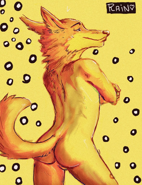 anthro balls biped butt canid canine crossed_arms e621 fur genitals heart_symbol male mammal nude orange_body orange_fur pose rain420 rear_view simple_background smile solo standing tail yellow_background yellow_body yellow_fur
