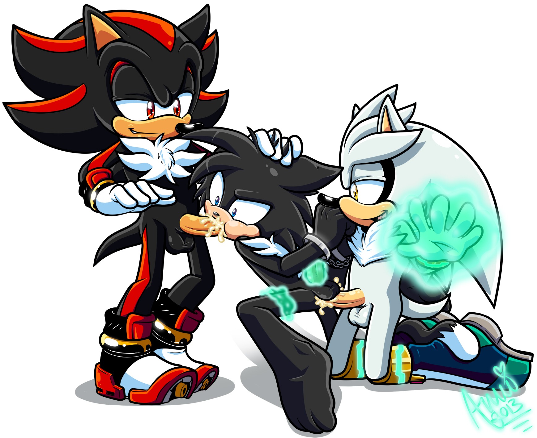 amuzoreh anal anal_penetration anthro balls black_body black_fur black_hair blue_eyes bodily_fluids clothing cuff_(restraint) cum cum_in_ass cum_in_mouth cum_inside e621 erection eulipotyphlan fan_character feet fellatio footwear forced forced_oral fur genital_fluids genitals group group_sex hair hand_on_head handcuffs hedgehog hi_res male male/male male_penetrated male_penetrating male_penetrating_male mammal metal_cuffs multicolored_hair nude oral oral_penetration orgasm penetration penile penis rape red_eyes restraints sega sex shackles shadow_the_hedgehog shoes silver_the_hedgehog smile sonic_the_hedgehog_(series) two_tone_hair white_hair yellow_eyes