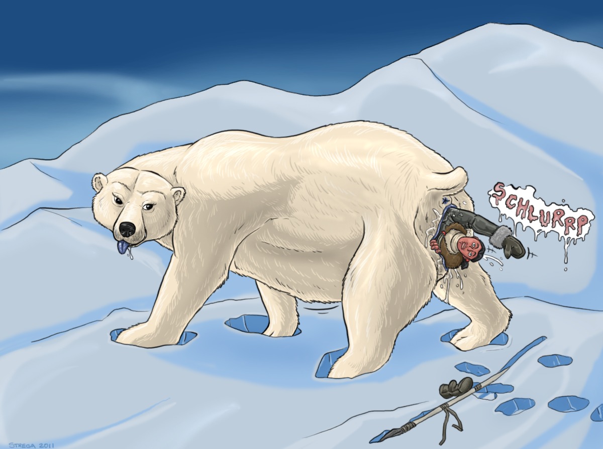 2011 anus bear bestiality bodily_fluids clothed clothing duo e621 feet_first female female_on_human feral genital_fluids genitals human human_on_feral interspecies larger_female male male/female male_on_feral mammal polar_bear size_difference smaller_male sound_effects strega unbirthing ursine vaginal vaginal_fluids vore vulva