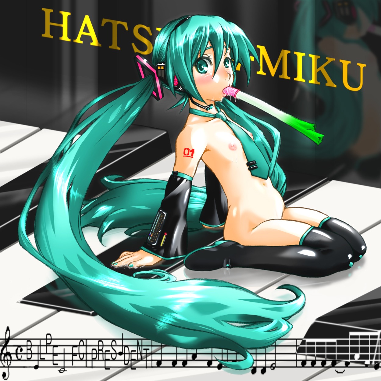 1girl aqua_eyes aqua_hair blush boots detached_sleeves female flat_chest hatsune_miku headset instrument long_hair musical_note nail_polish naked_footwear necktie nipples nude rule34 sitting solo spring_onion tagme thigh_boots thighhighs twintails very_long_hair vocaloid wariza