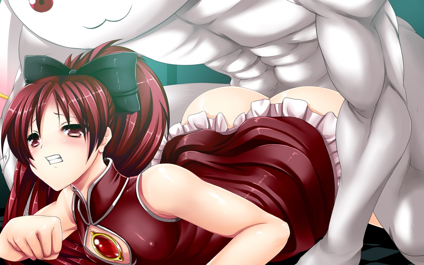 1boy 1girls female kyuubee mahou_shoujo_madoka_magica male rule34 sakura_kyouko tagme