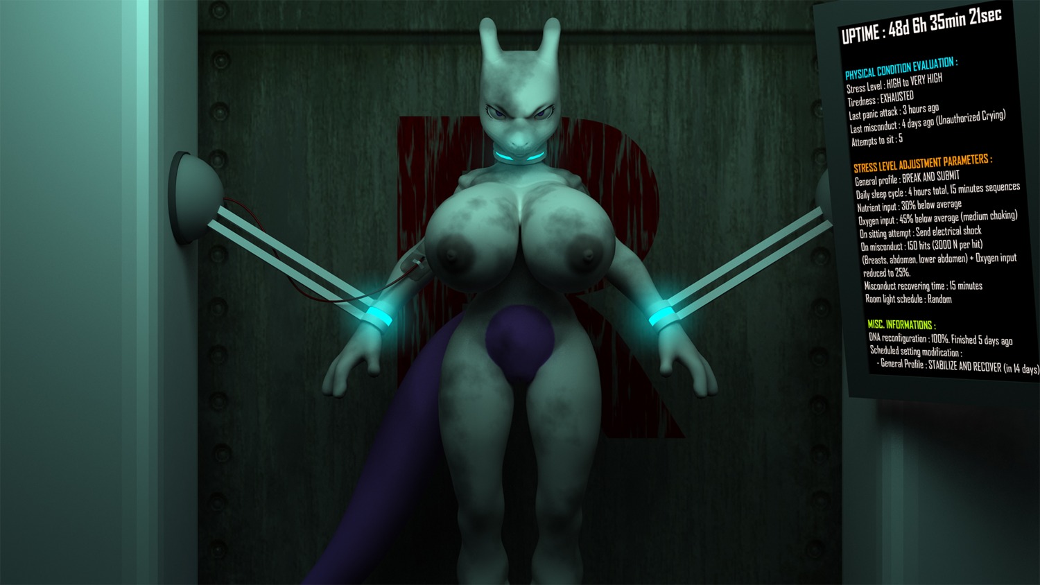 16:9 2014 3d_(artwork) annonguy anthro big_breasts breasts bruised collar cuff_(restraint) digital_media_(artwork) e621 english_text felid female generation_1_pokemon handcuffs hi_res huge_breasts legendary_pokemon mammal metal_cuffs mewtwo nintendo nipples nude pokemon pokemon_(species) pokemorph restraints shackles slave solo team_rocket text widescreen wolvalix