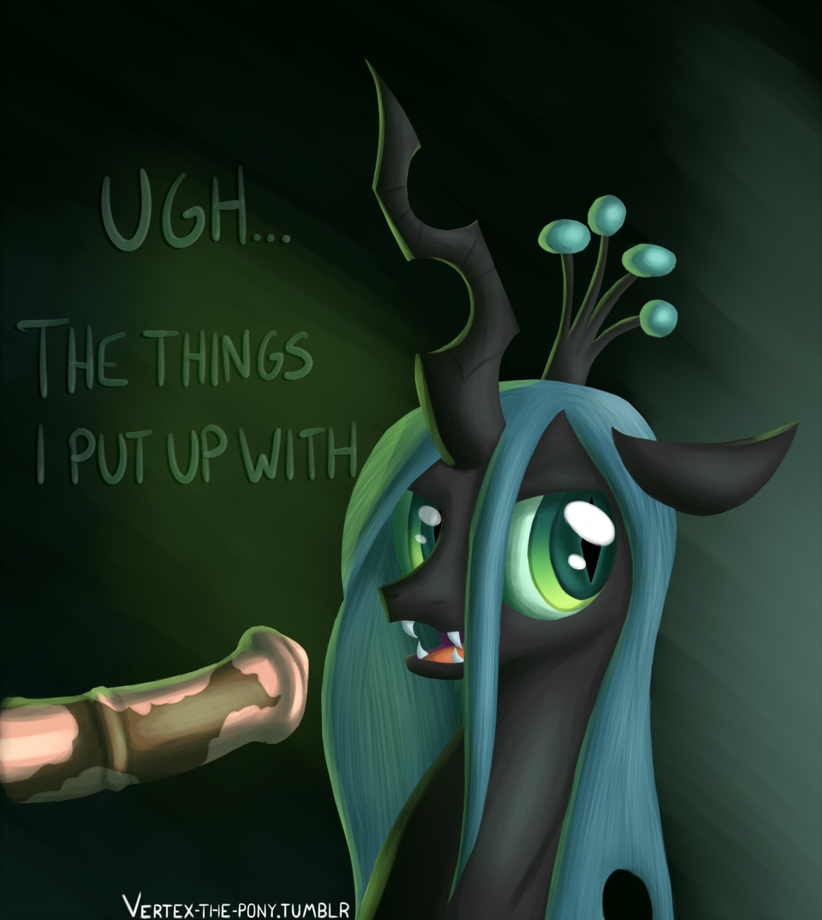 2014 absurd_res animal_genitalia animal_penis arthropod changeling_(mlp) crown dialogue disembodied_penis duo e621 english_text equine_genitalia equine_penis erection fangs female female_focus feral friendship_is_magic genitals green_eyes hair hasbro headgear hi_res horn humanoid_genitalia humanoid_penis imminent_sex long_hair male male/female my_little_pony open_mouth penis pupils queen_chrysalis_(mlp) slit_pupils solo_focus teeth text vertex