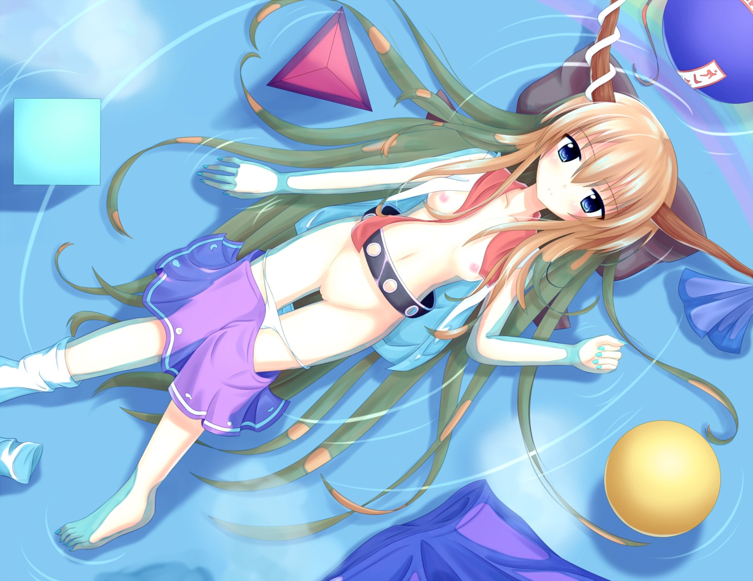 barefoot blue_eyes breasts female long_hair nipples panties pussy rule34 skirt suika_ibuki topless touhou uncensored underwear yoye_(pastel_white)